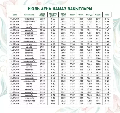 Июль аена намаз вакытлары