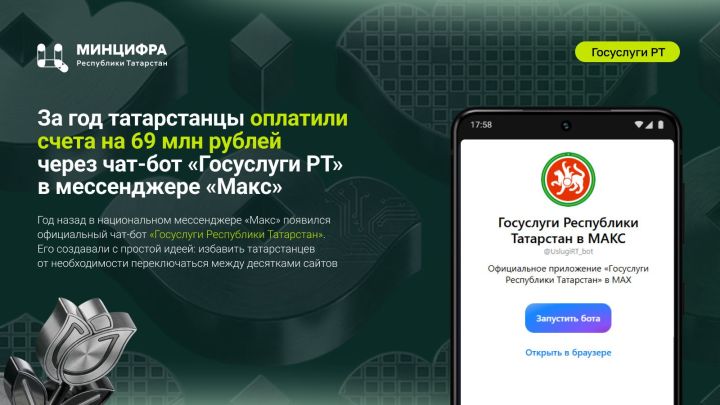 Цифровой прогресс: через чат-бот «Госуслуги РТ» татарстанцы оплатили счета на 69 млн рублей
