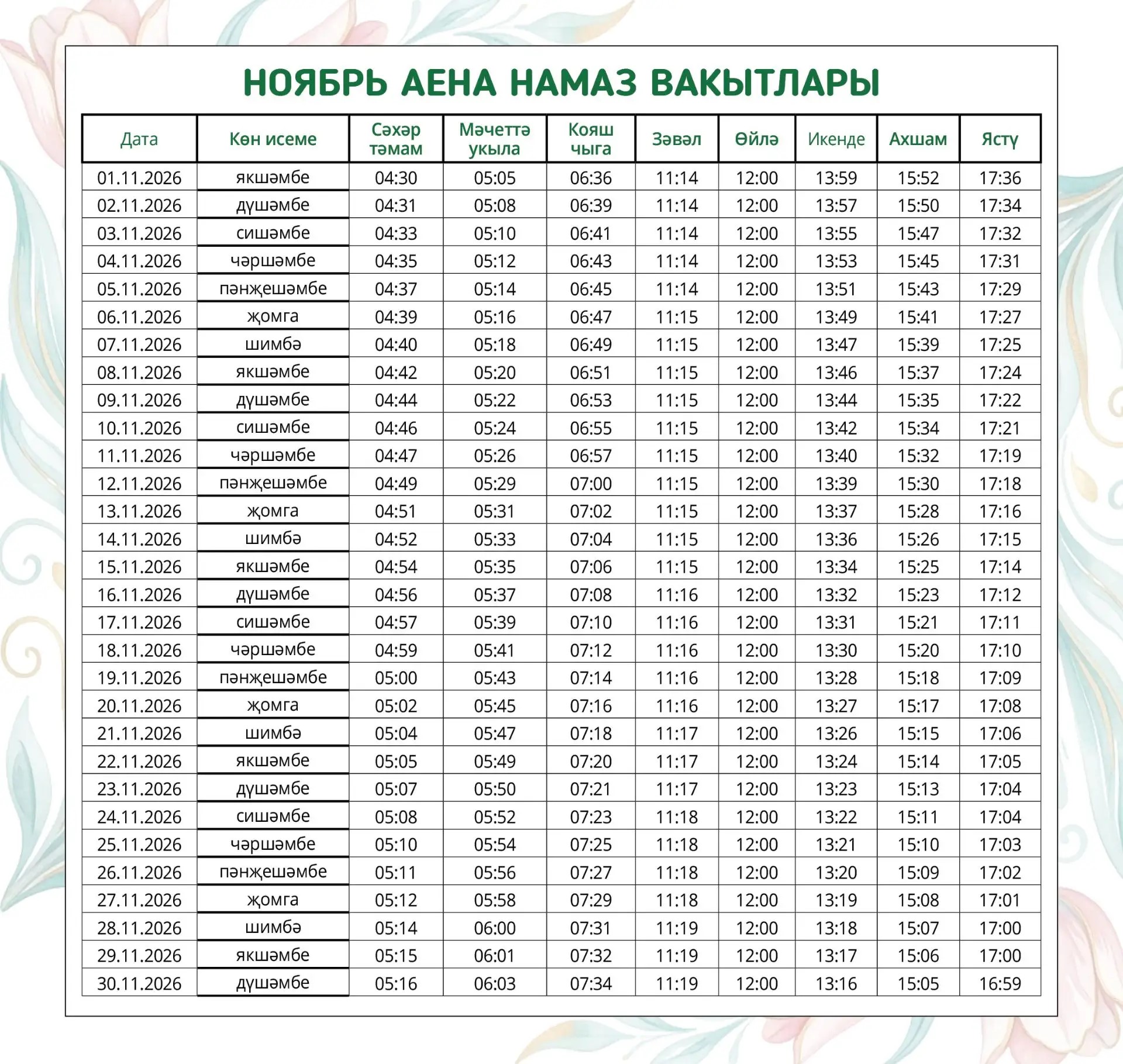 Ноябрь аена намаз вакытлары